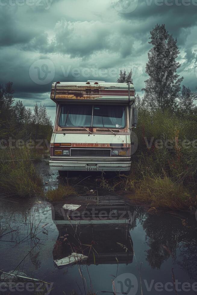AI generated Camping near the lake in a motorhome . Camping in a camper van photo