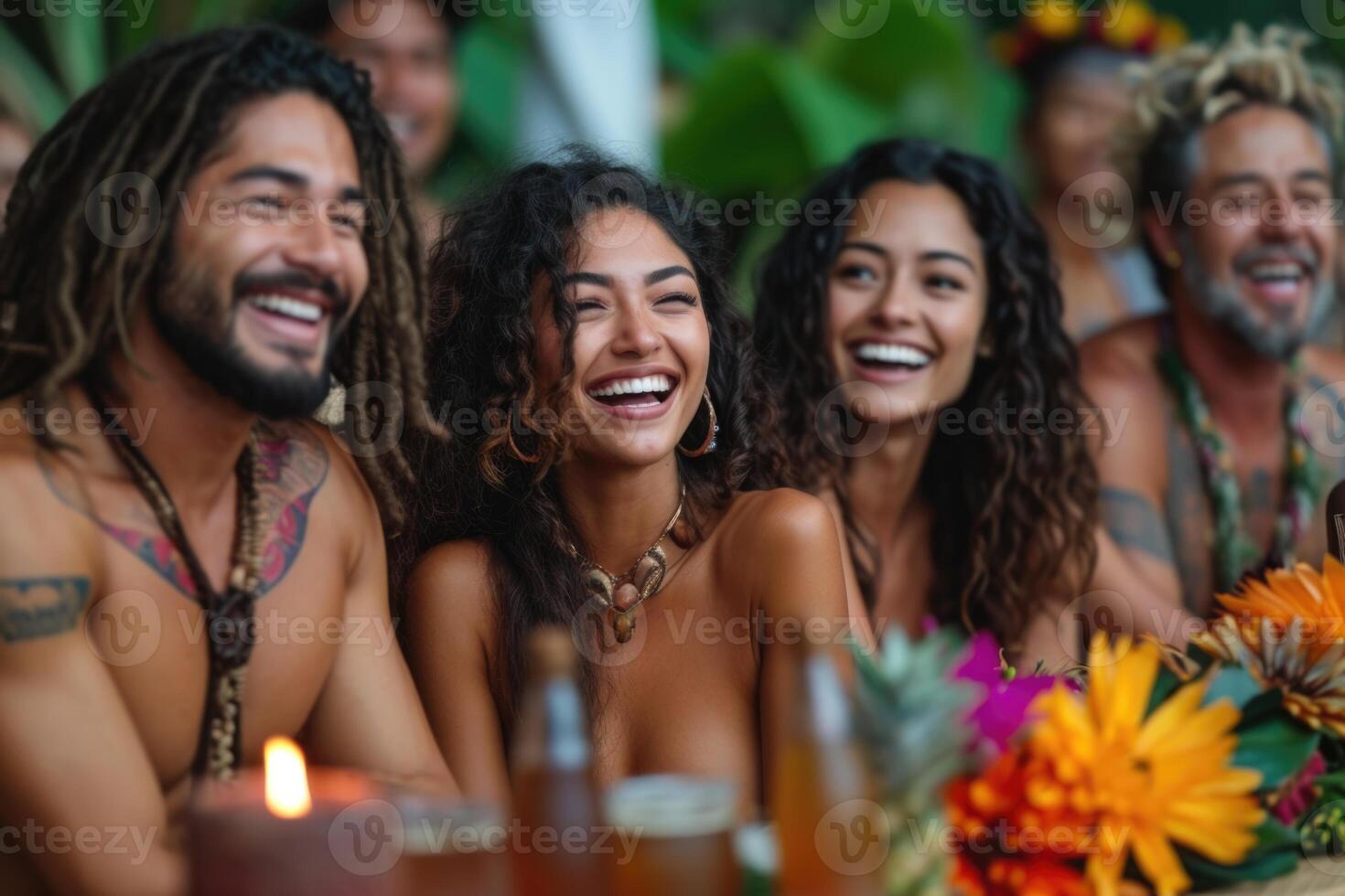 AI generated A group of friends are sitting together at a festive table outside and chatting. Bali photo