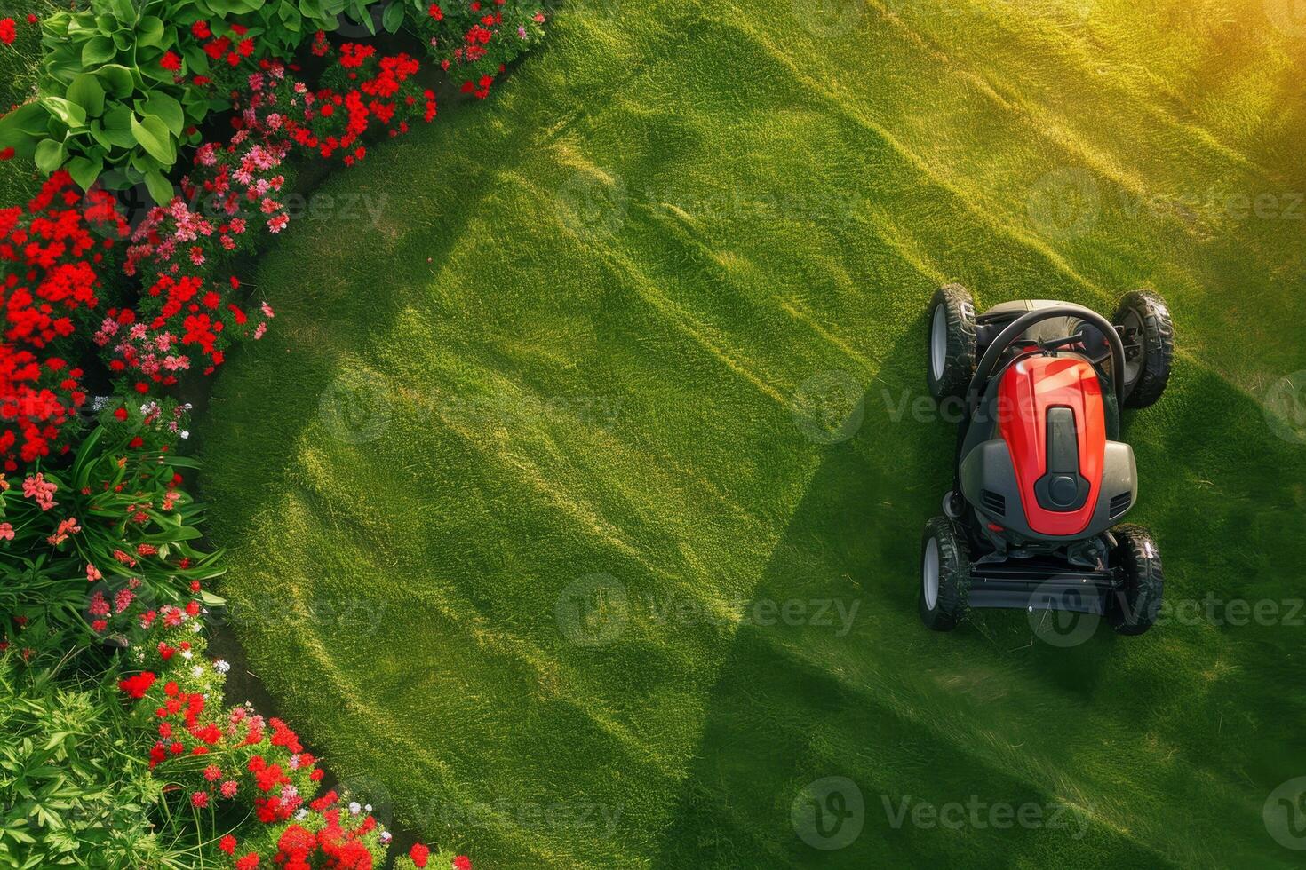 AI generated A gasoline lawn mower stands on the lawn near the house at sunset photo