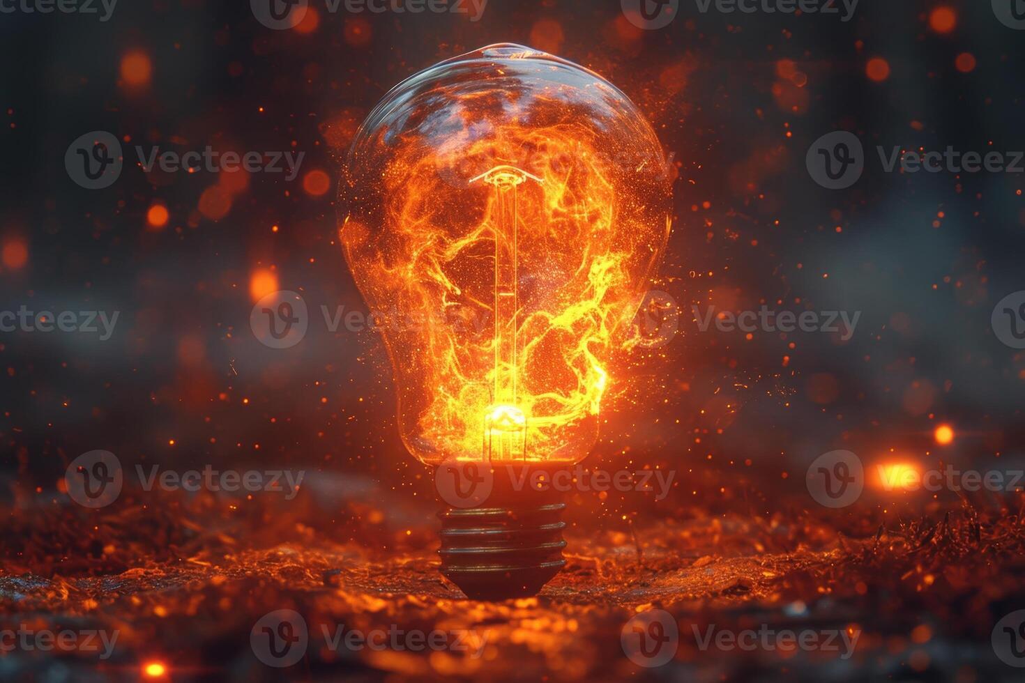 AI generated An ordinary incandescent light bulb stands on the ground and burns at night photo