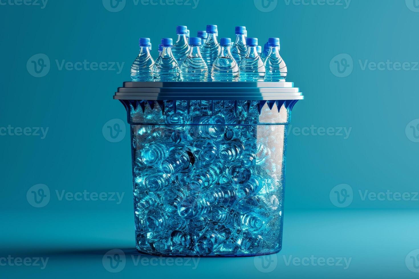 AI generated Lots of plastic bottles in a bucket on a blue background photo