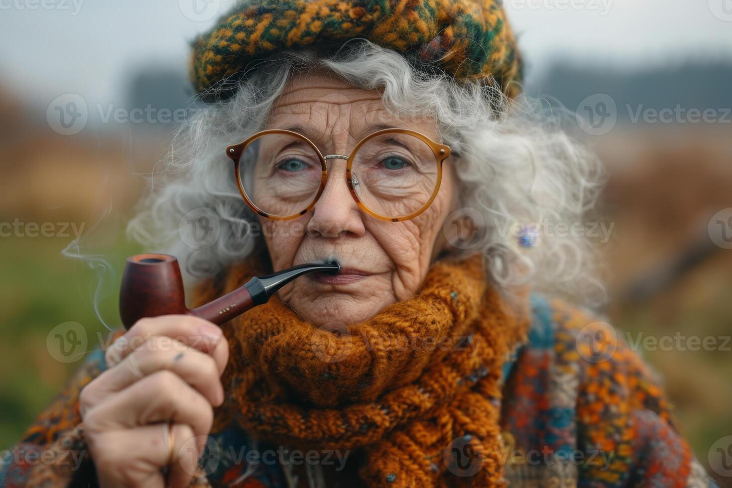AI generated A fashionable elderly woman smokes a pipe on the street in autumn photo