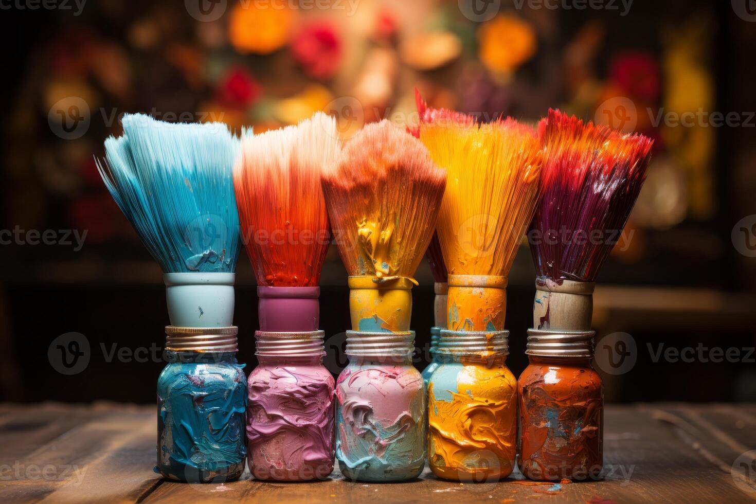 AI generated Artistic brushes smeared in paint on a background covered with multicolored oil paints photo