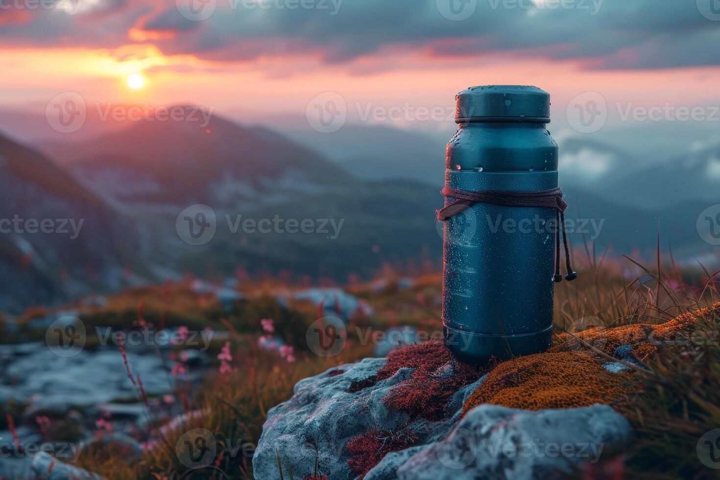 AI generated An outdoor thermos flask stands on a rock at sunset photo