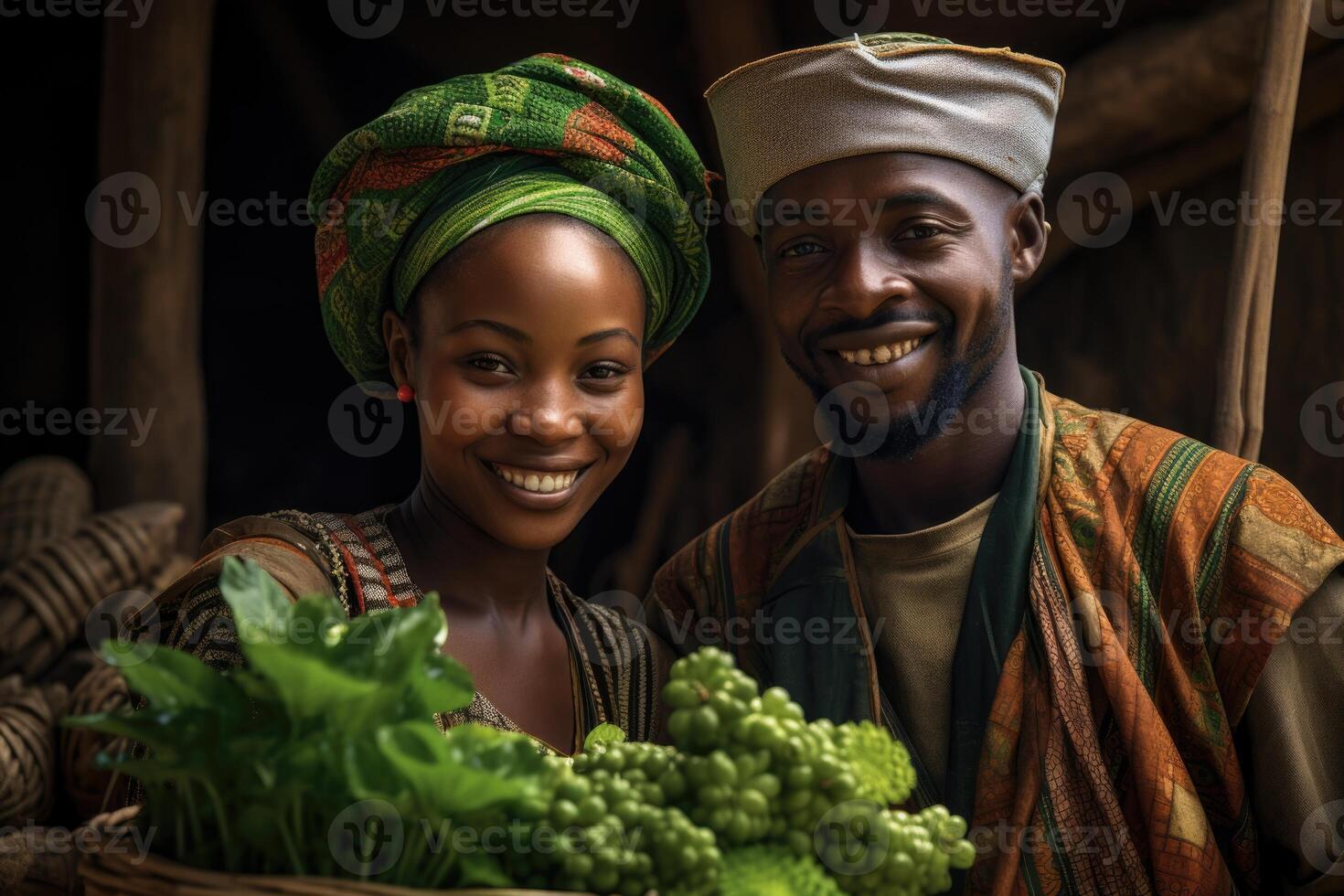 AI generated Portrait of an African couple of a man and a woman against the background of African nature. Mature African couple photo