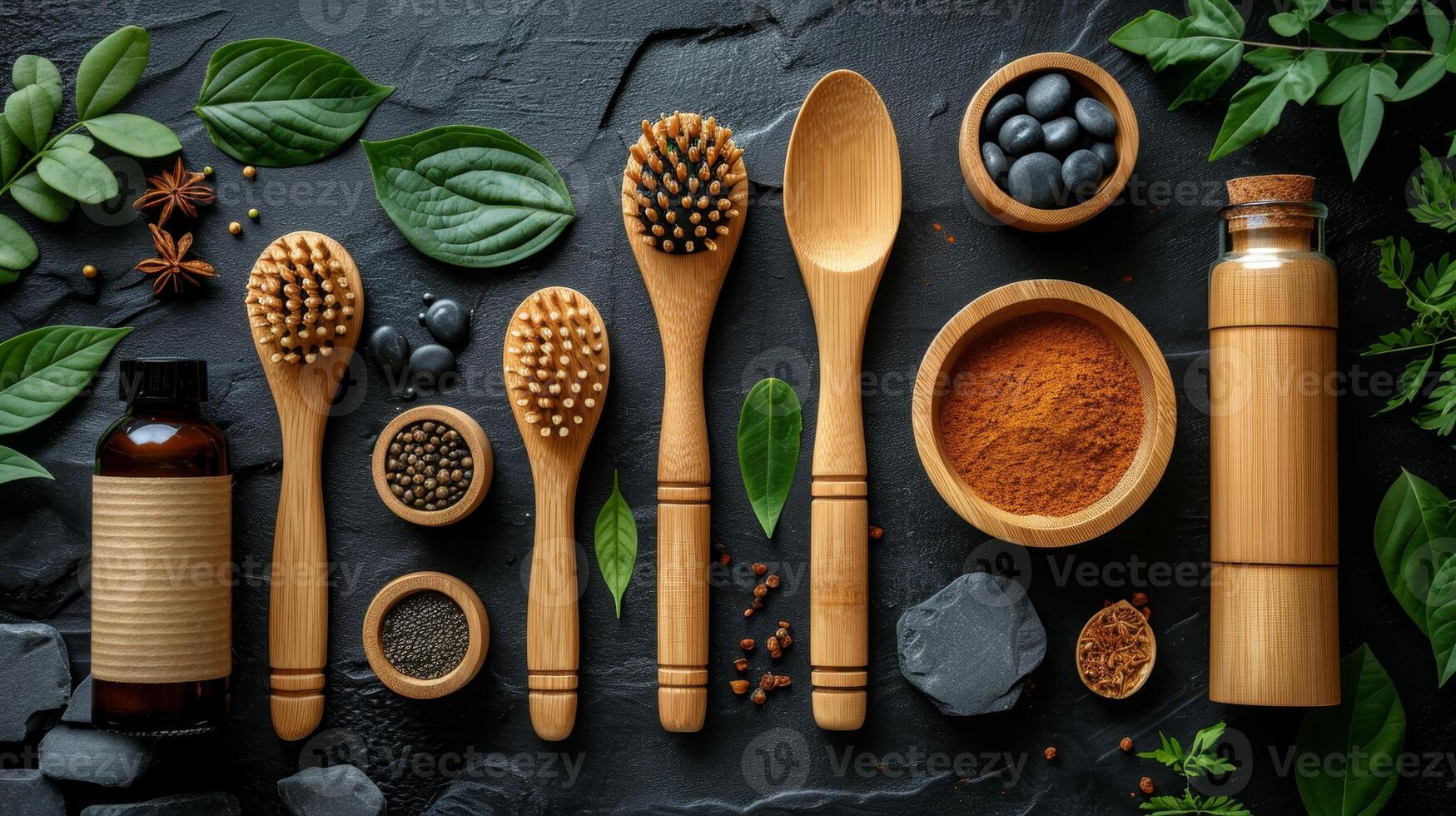 AI generated eco-friendly disposable tableware made of paper and wood with spices on a black background. the concept of recycling photo