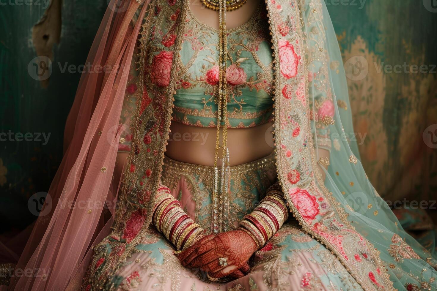 ai generado hermosa indio novia vestido en tradicional Boda ropa foto