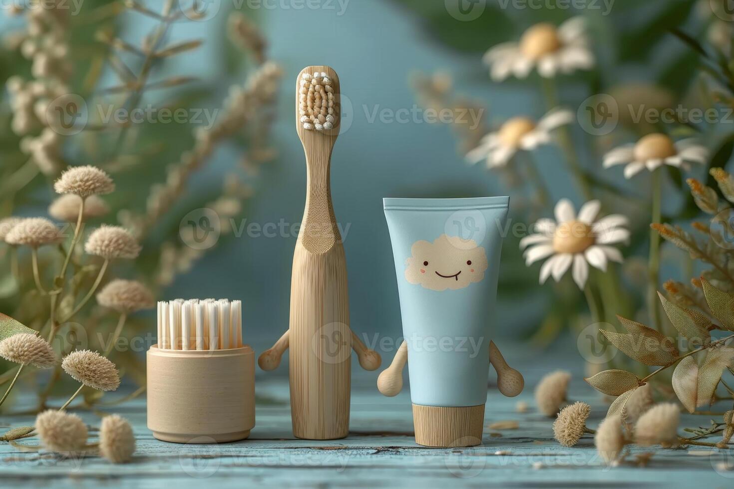 AI generated A set of organic oral care products with emoticons . Eco-friendly still life with bio toothpaste. The concept of natural oral hygiene photo