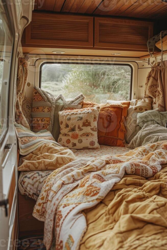 AI generated The cozy interior of the bedroom in the motorhome. Places to sleep in a camper van photo