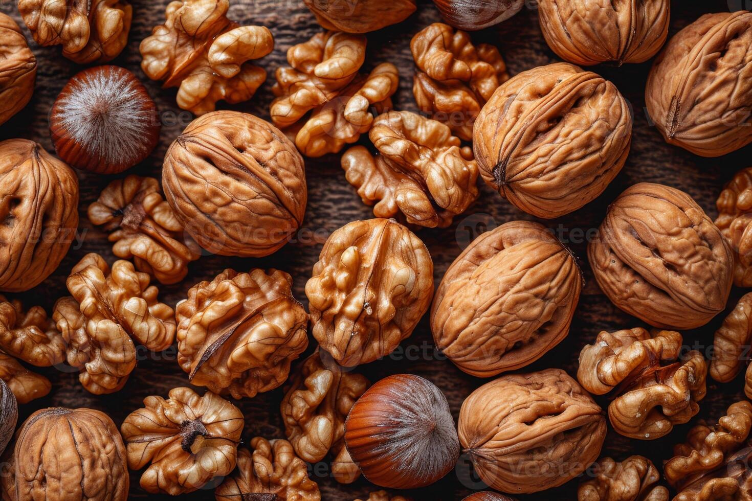 AI generated Walnuts in the shell and without it lie on the surface. Background of fresh walnuts photo