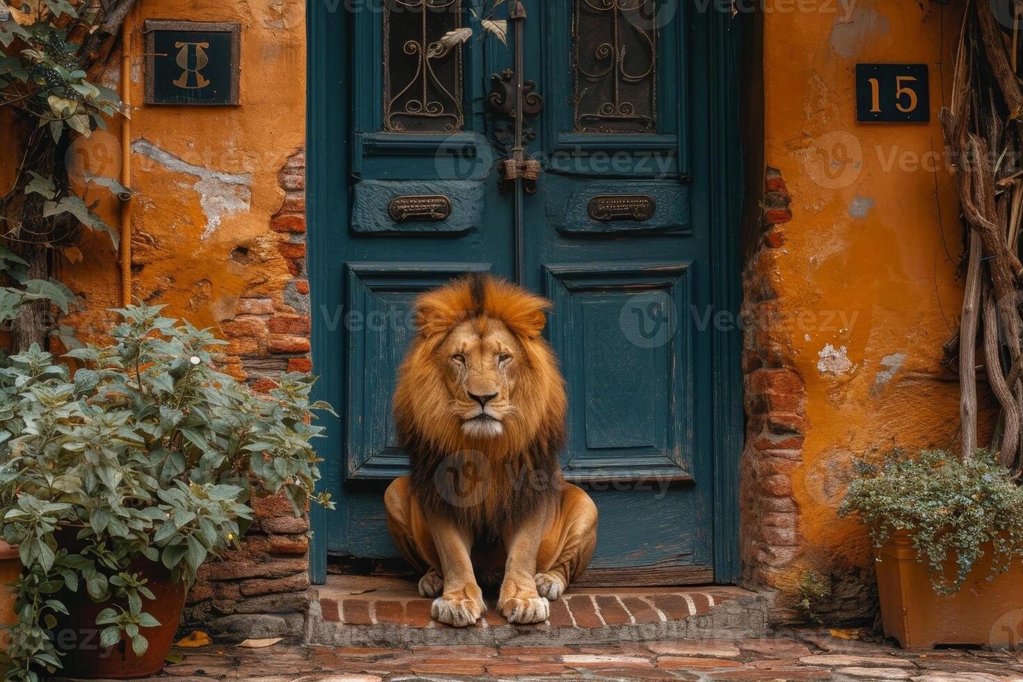 AI generated A big lion is sitting guarding the front door of the house photo