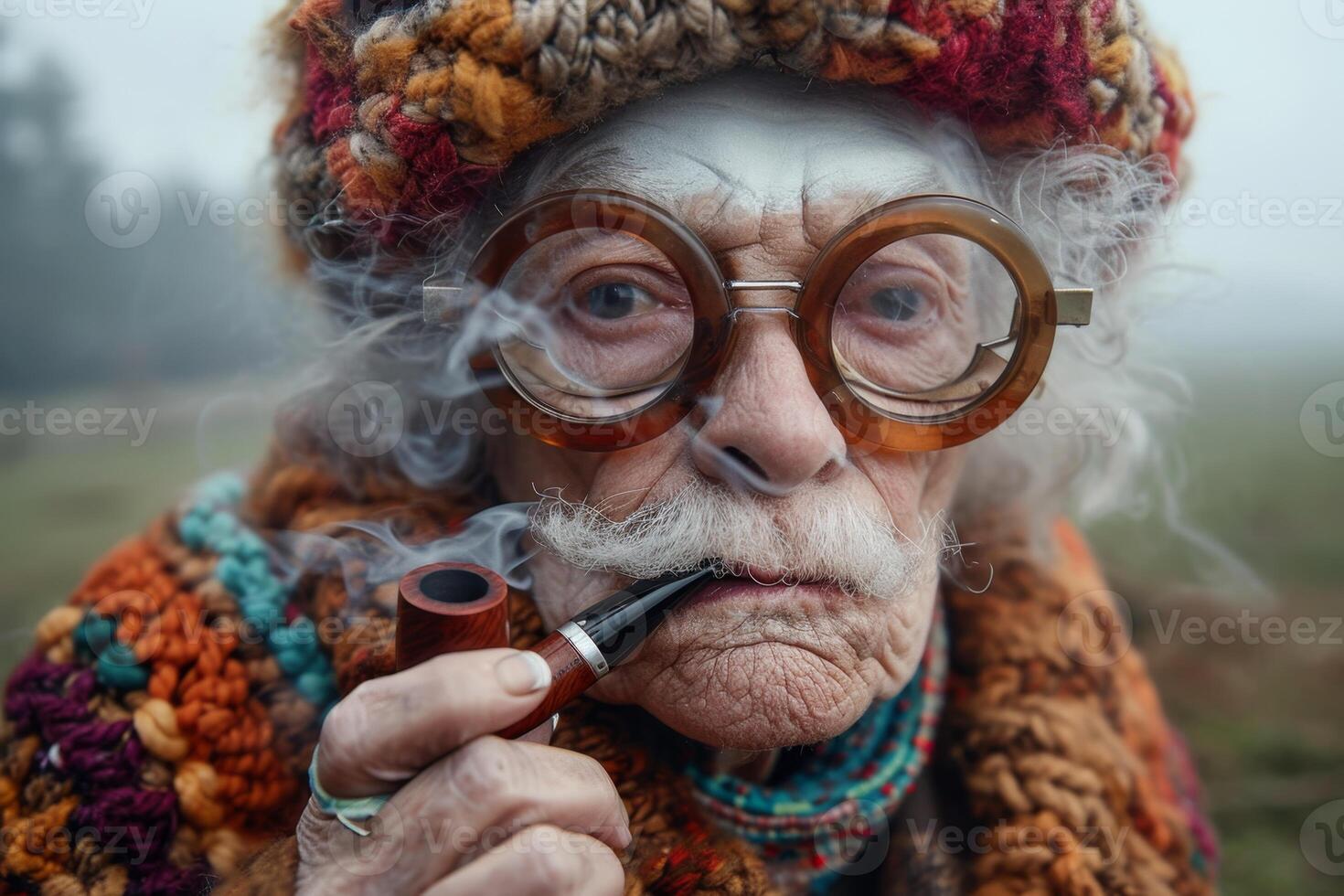 AI generated A fashionable elderly woman smokes a pipe on the street in autumn photo