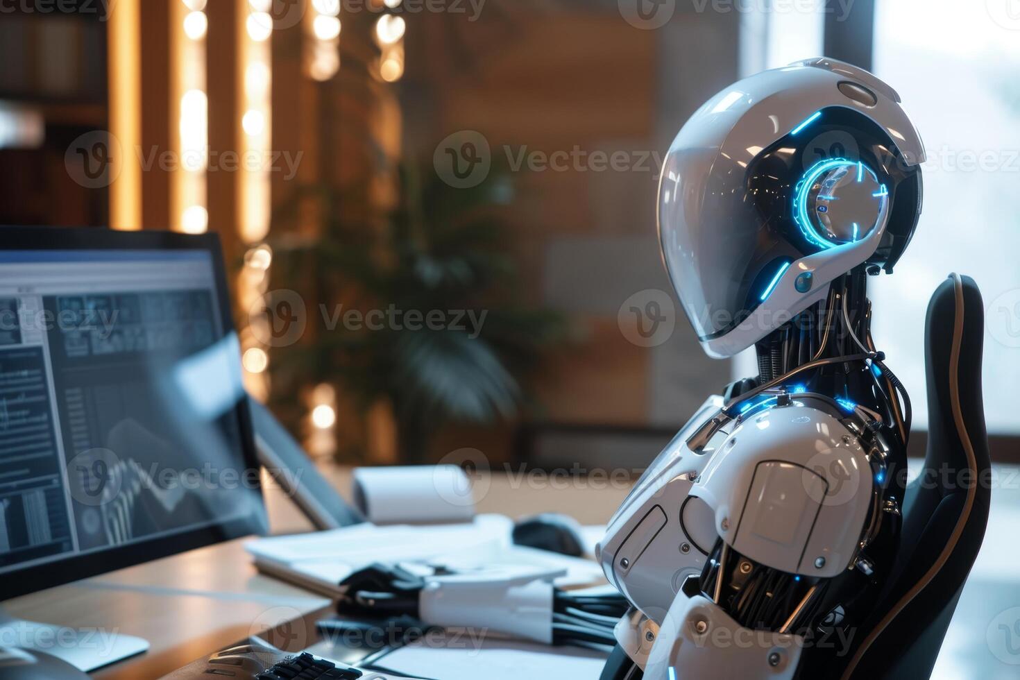 AI generated A robot working at a computer in the room. The IT team of the future. Futuristic worker photo