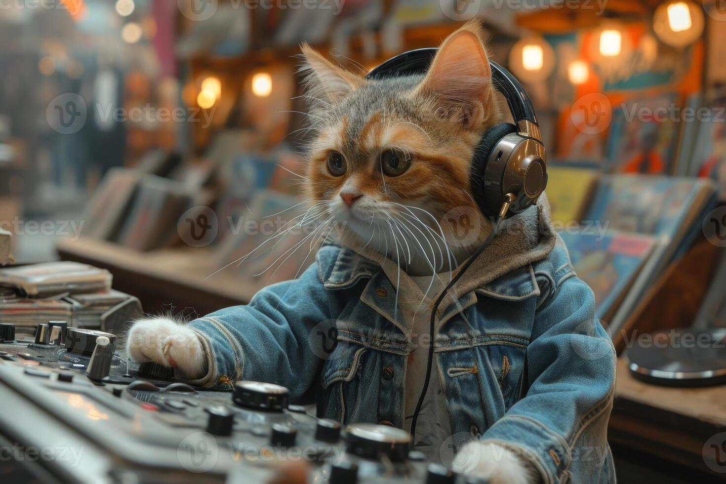 AI generated A cat with headphones in a music store photo