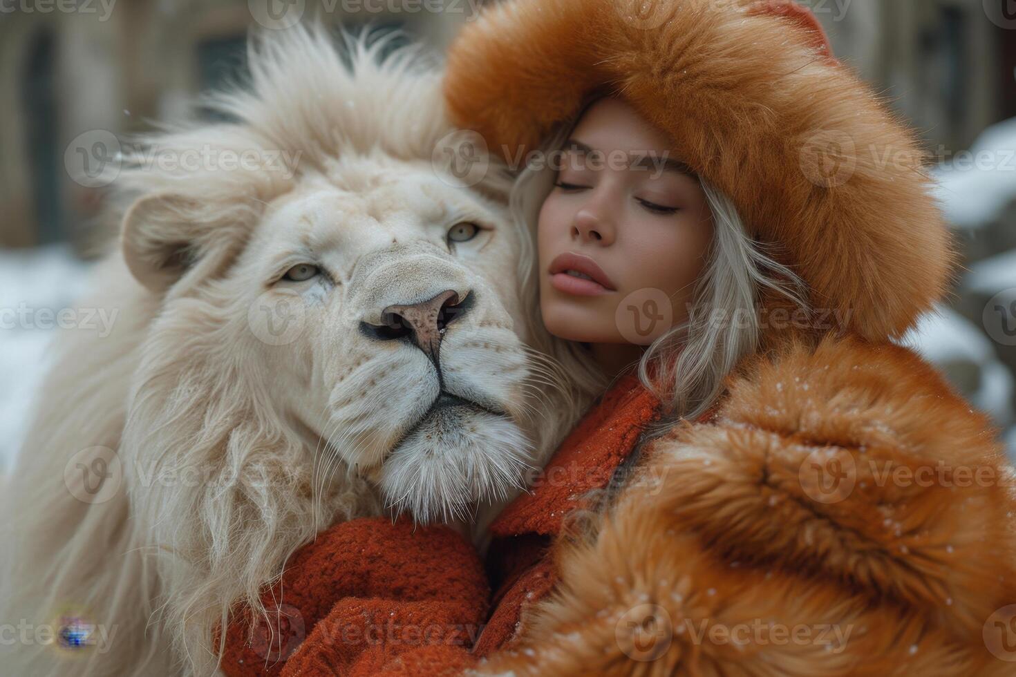 AI generated Beautiful fashionable young woman with a beautiful big lion photo