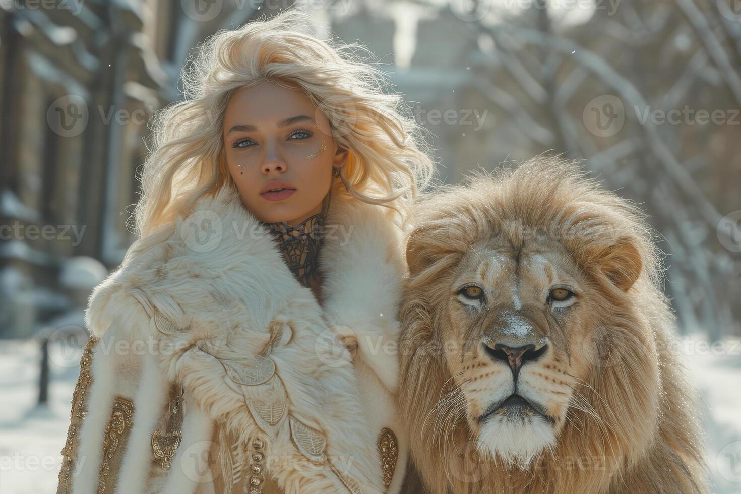 AI generated Beautiful fashionable young woman with a beautiful big lion photo