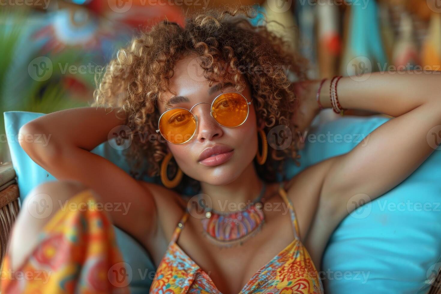 AI generated Beautiful girl in a swimsuit on a sunbed near the beach photo