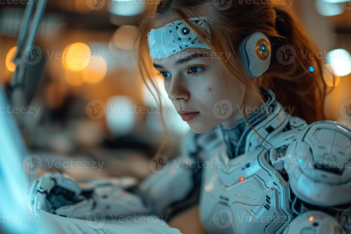 AI generated A robot working at a computer in the room. The IT team of the future. Futuristic worker photo