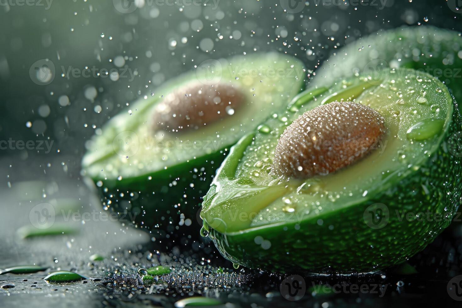 AI generated A green avocado cut in half and splashes of water on a dark background photo