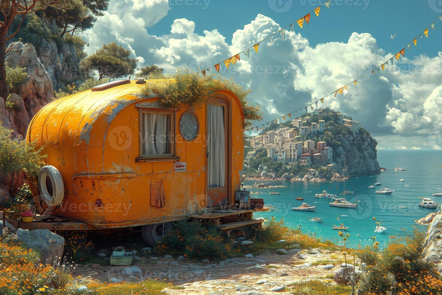 AI generated Camper on wheels on the ocean coast in a beautiful place. Wild camping by the sea photo