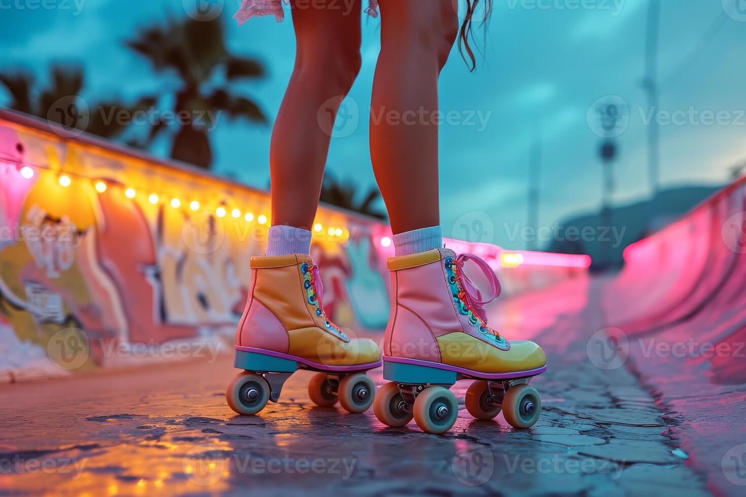 AI generated Beautiful long-legged girls pose on vintage roller skates in the park on a warm summer day photo