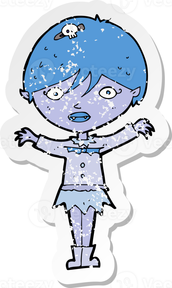 retro distressed sticker of a cartoon waving vampire girl png