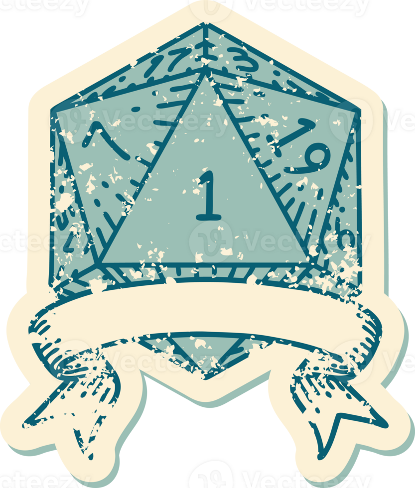 Retro Tattoo Style natural one d20 dice roll png