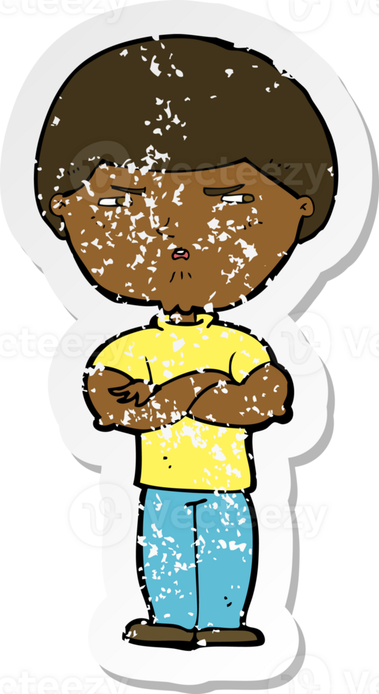 retro distressed sticker of a cartoon grumpy man png