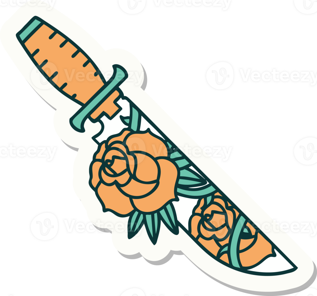 sticker of tattoo in traditional style of a dagger and flowers png