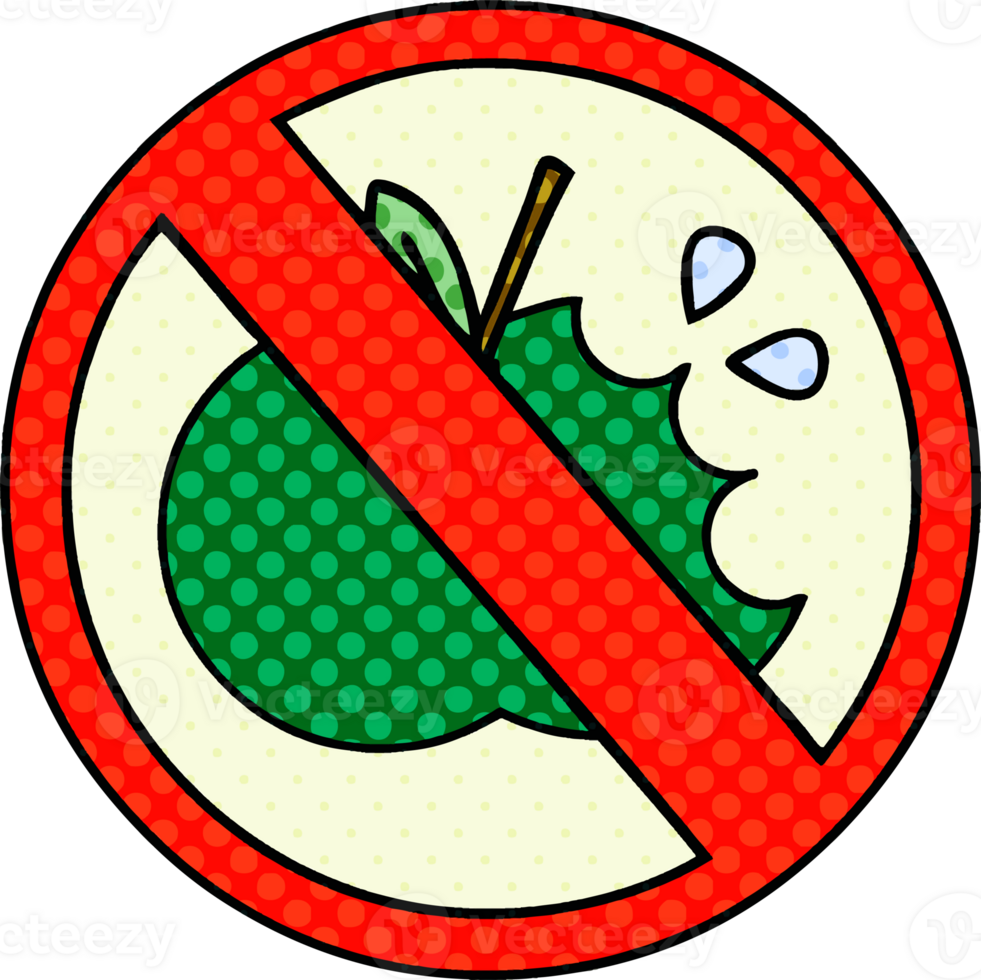 comic book style cartoon of a no healthy food allowed sign png