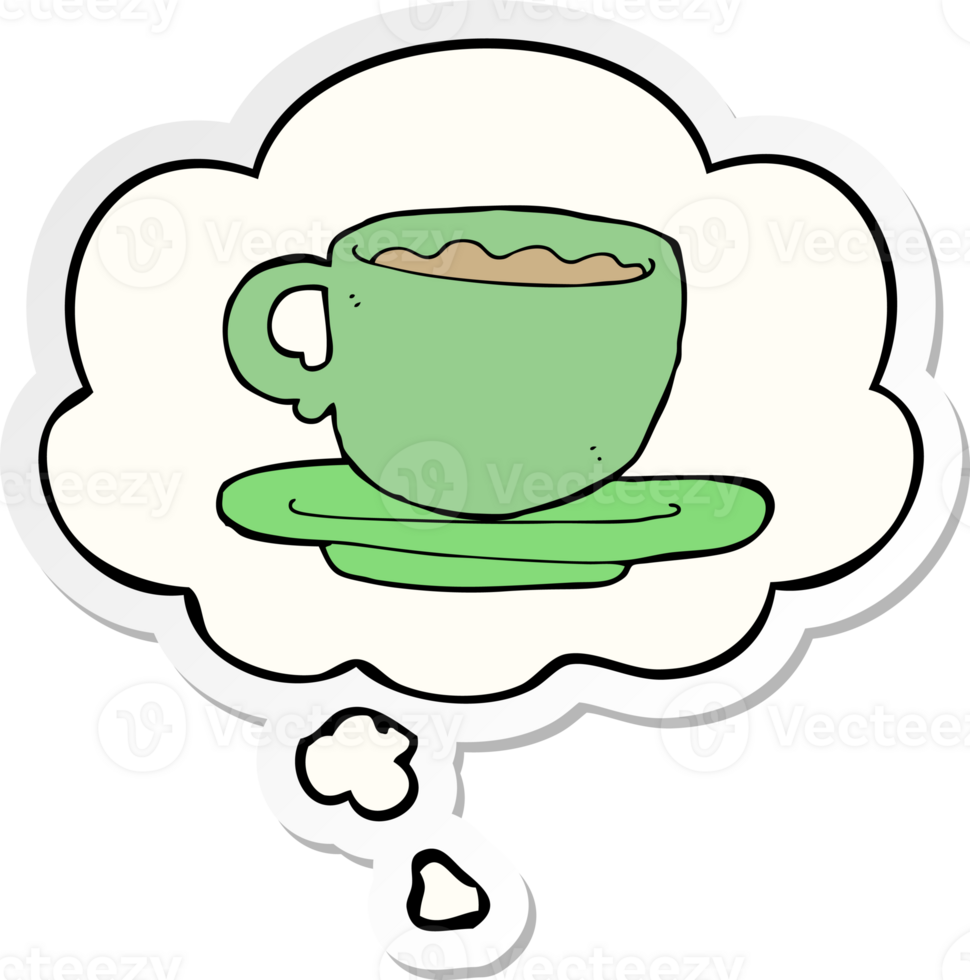 cartoon cup of tea with thought bubble as a printed sticker png