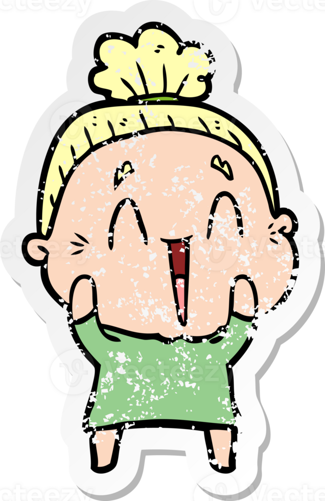 distressed sticker of a cartoon happy old lady png