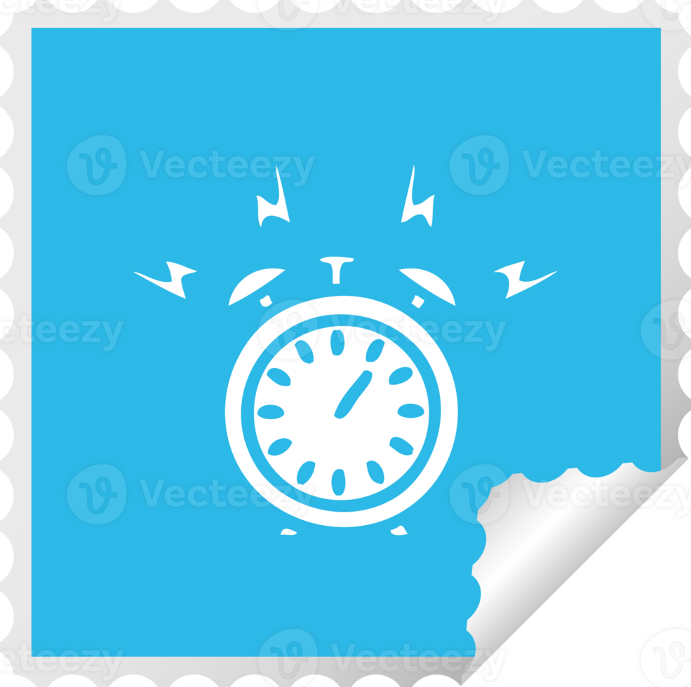 square peeling sticker cartoon of a ringing alarm clock png