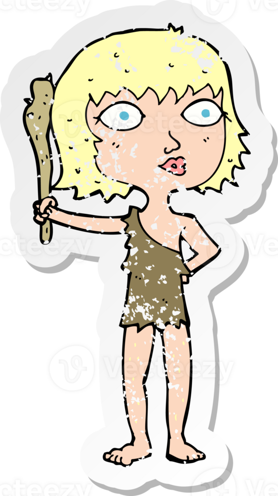 retro distressed sticker of a cartoon cave woman png