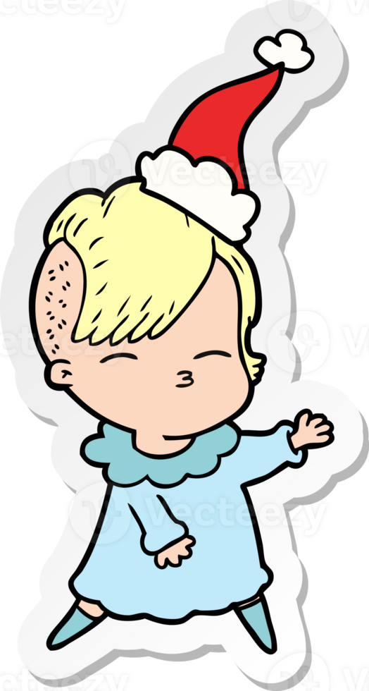 hand drawn sticker cartoon of a squinting girl wearing santa hat png