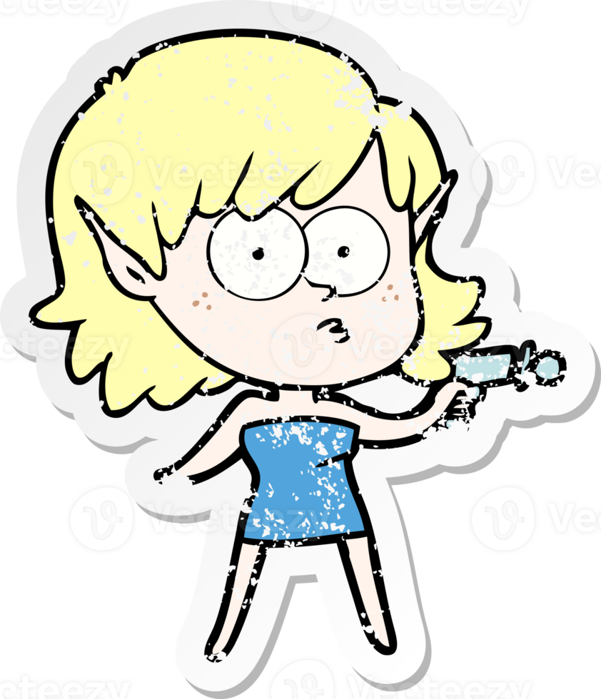 distressed sticker of a cartoon elf girl with ray gun png