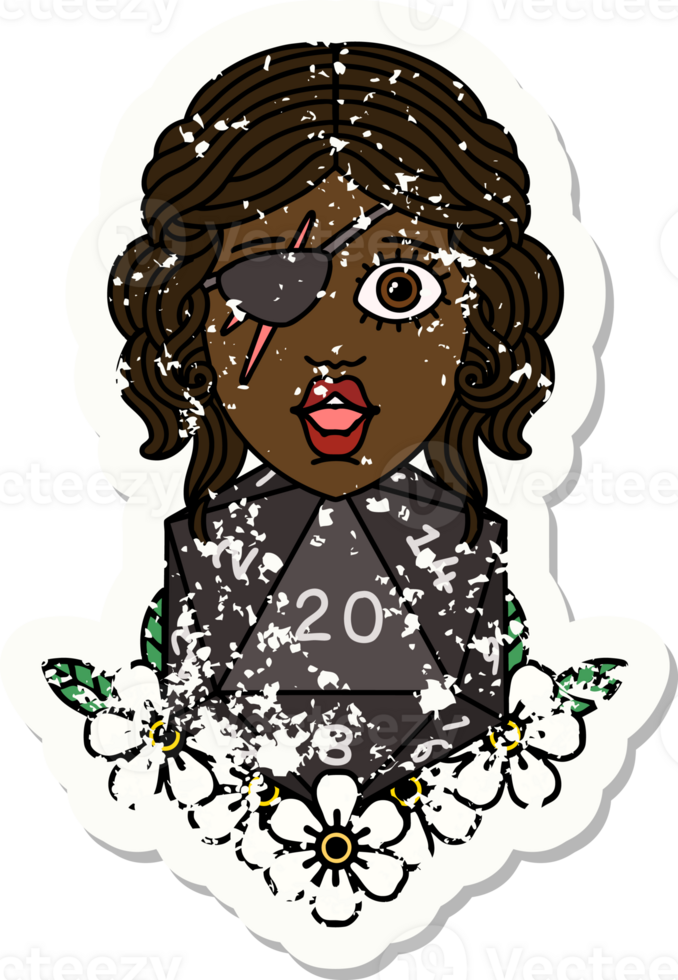 Retro Tattoo Style human rogue with natural twenty dice roll png