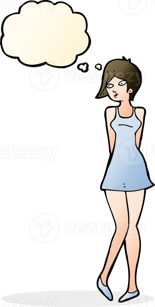 cartoon pretty woman in dress with thought bubble png