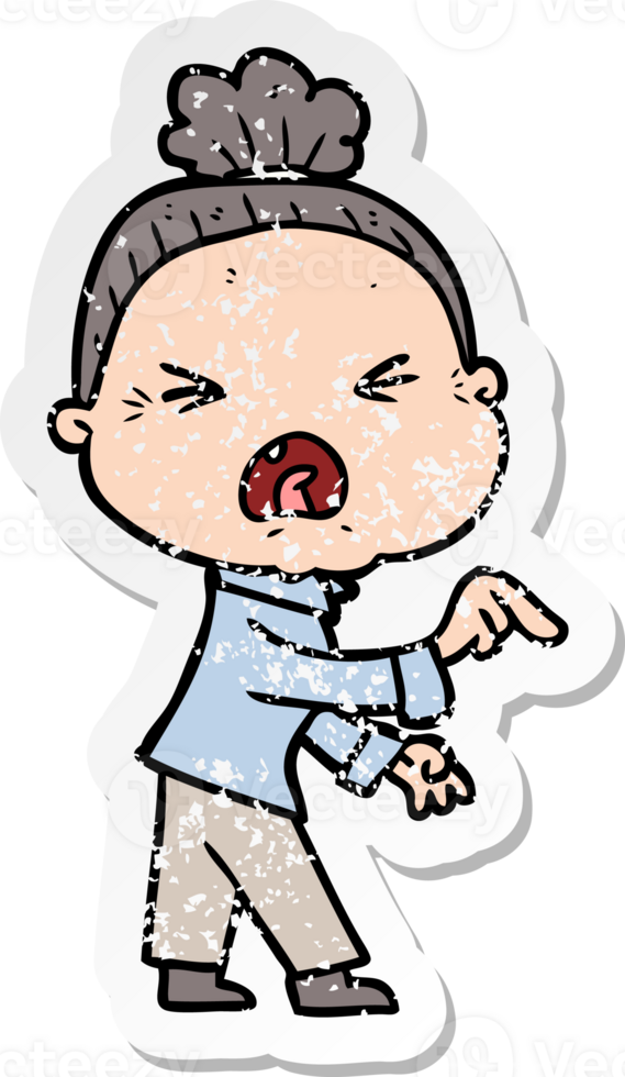distressed sticker of a cartoon angry old woman png