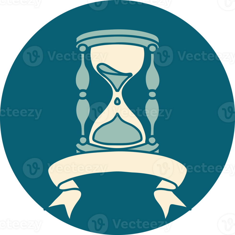 tattoo style icon with banner of an hour glass png
