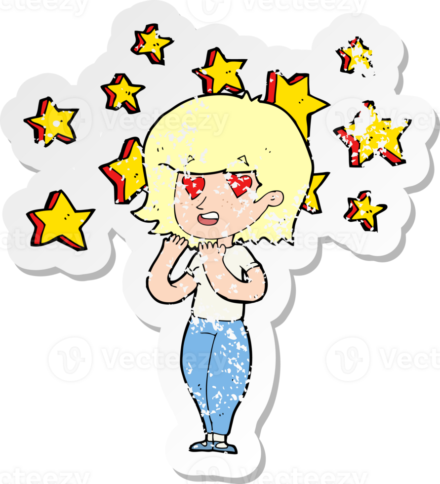 retro distressed sticker of a cartoon woman in love png