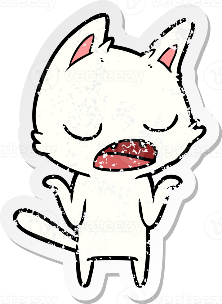distressed sticker of a talking cat shrugging shoulders png