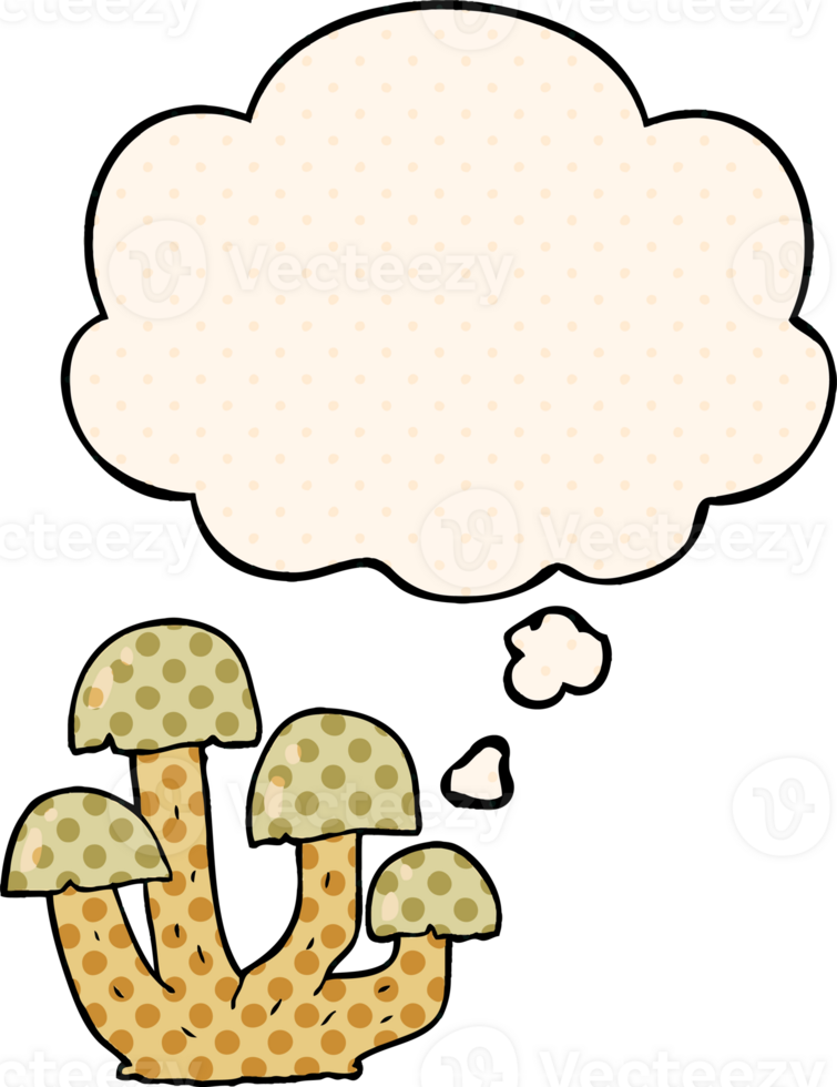 cartoon mushroom with thought bubble in comic book style png