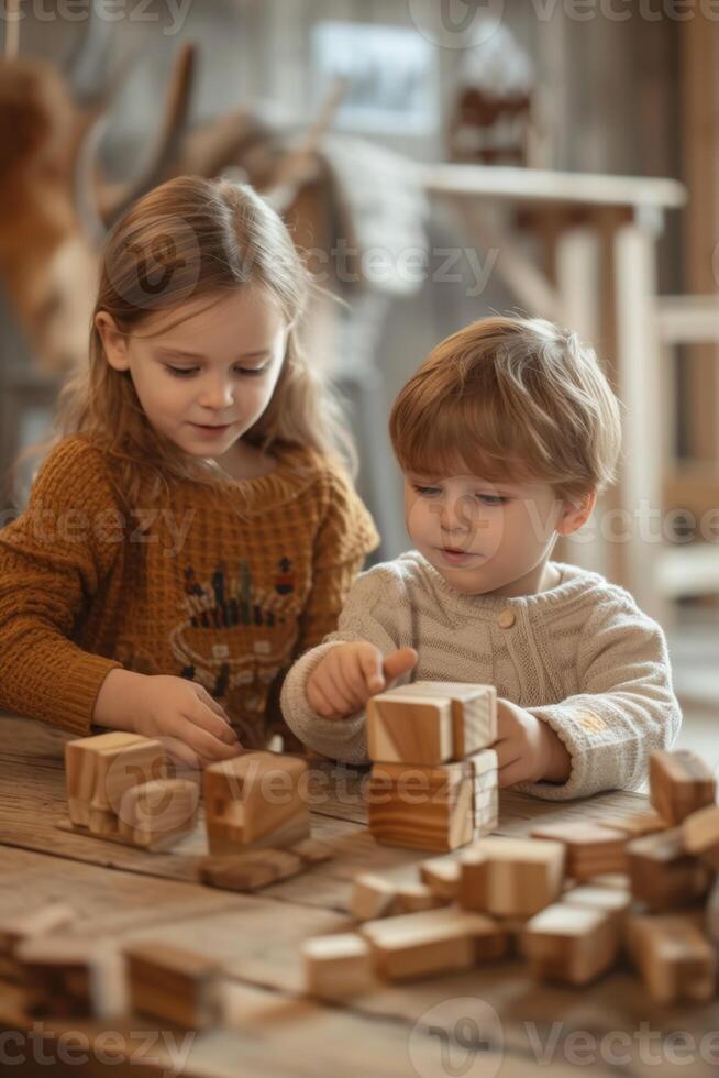 AI generated A wooden board game for maintaining balance. Children play games in which balance and self-control are important photo