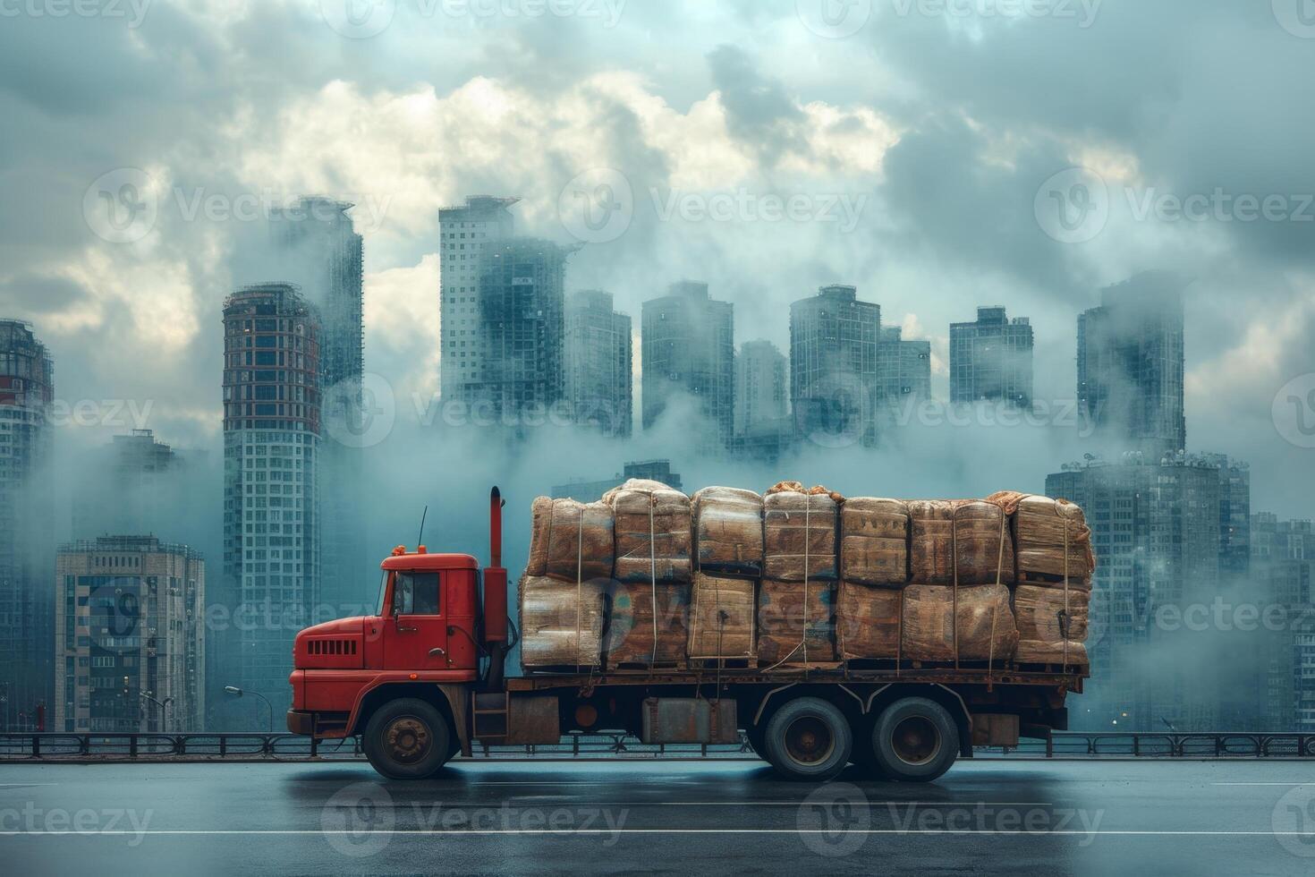 AI generated A loaded truck is moving along the road photo