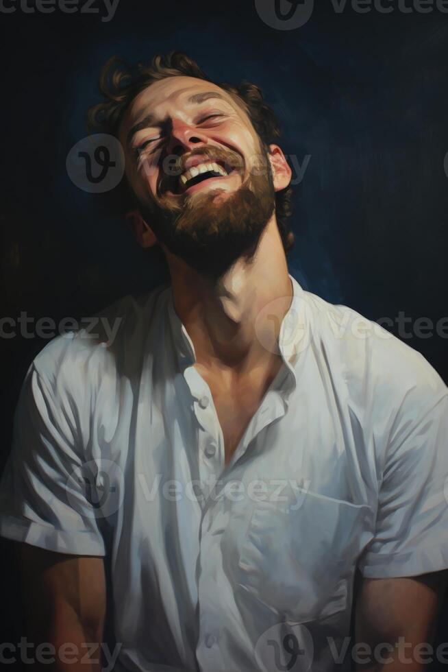 AI generated Portrait of a funny man laughing on a neutral background photo