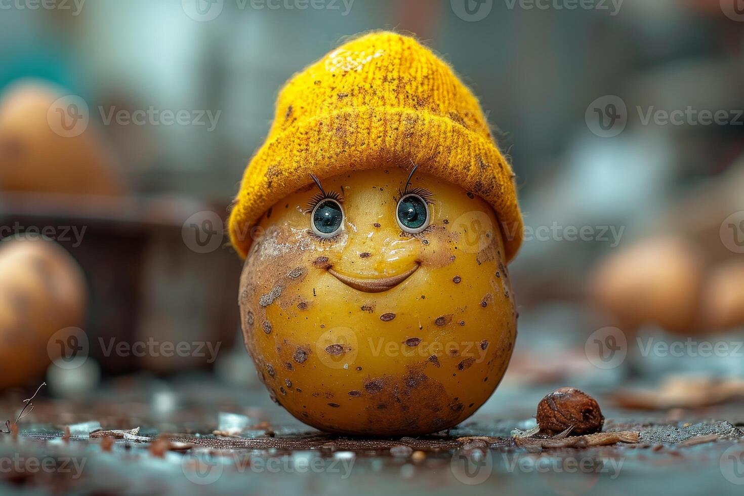 ai generado patatas en un amarillo sombrero con un gracioso sonriente cara foto