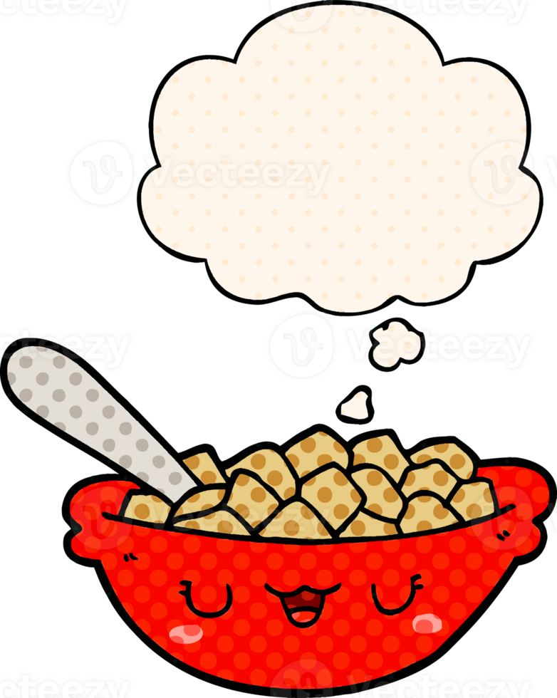 cute cartoon bowl of cereal with thought bubble in comic book style png