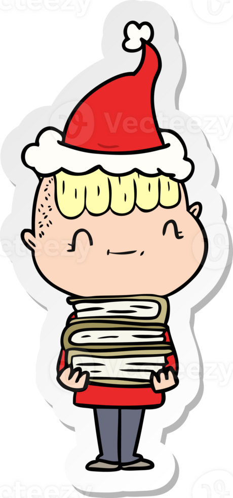 sticker cartoon of a friendly boy with books wearing santa hat png