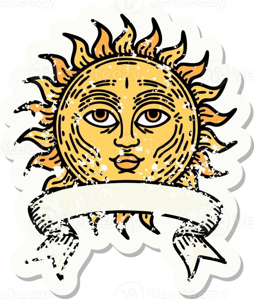 grunge sticker with banner of a sun with face png